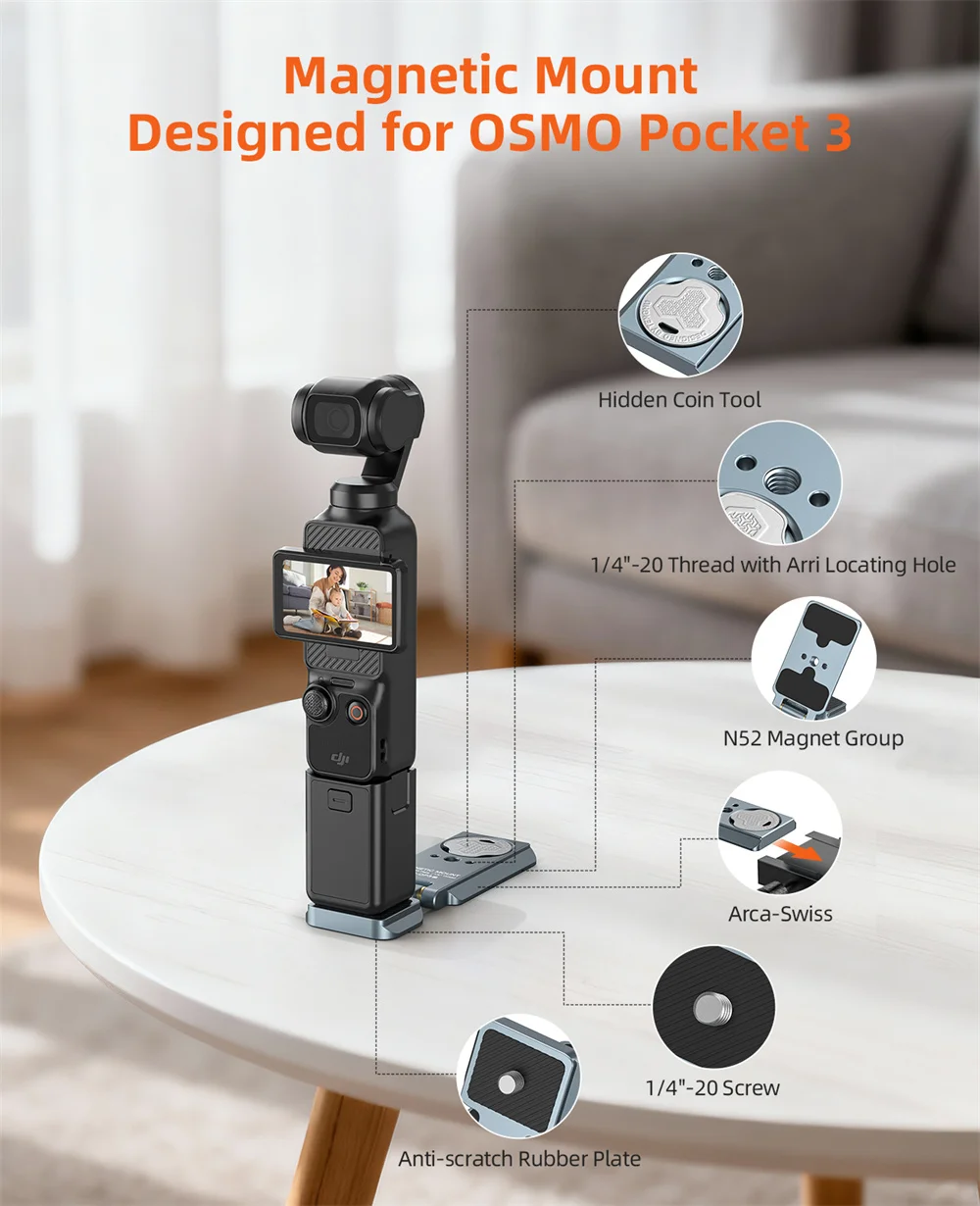 Soporte magnético para cámara CAMOLO para DJI Osmo Pocket 3, adaptador, soporte de expansión para cámara para trípode/montaje para coche con 1/4-20 y Arca-Swiss - imagen 3