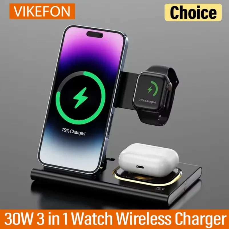 VIKEFON 30W 3 en 1 reloj cargador inalámbrico para iPhone 16-12 Pro Max Apple Watch 8 7 6 Airpods estación de carga rápida plegable