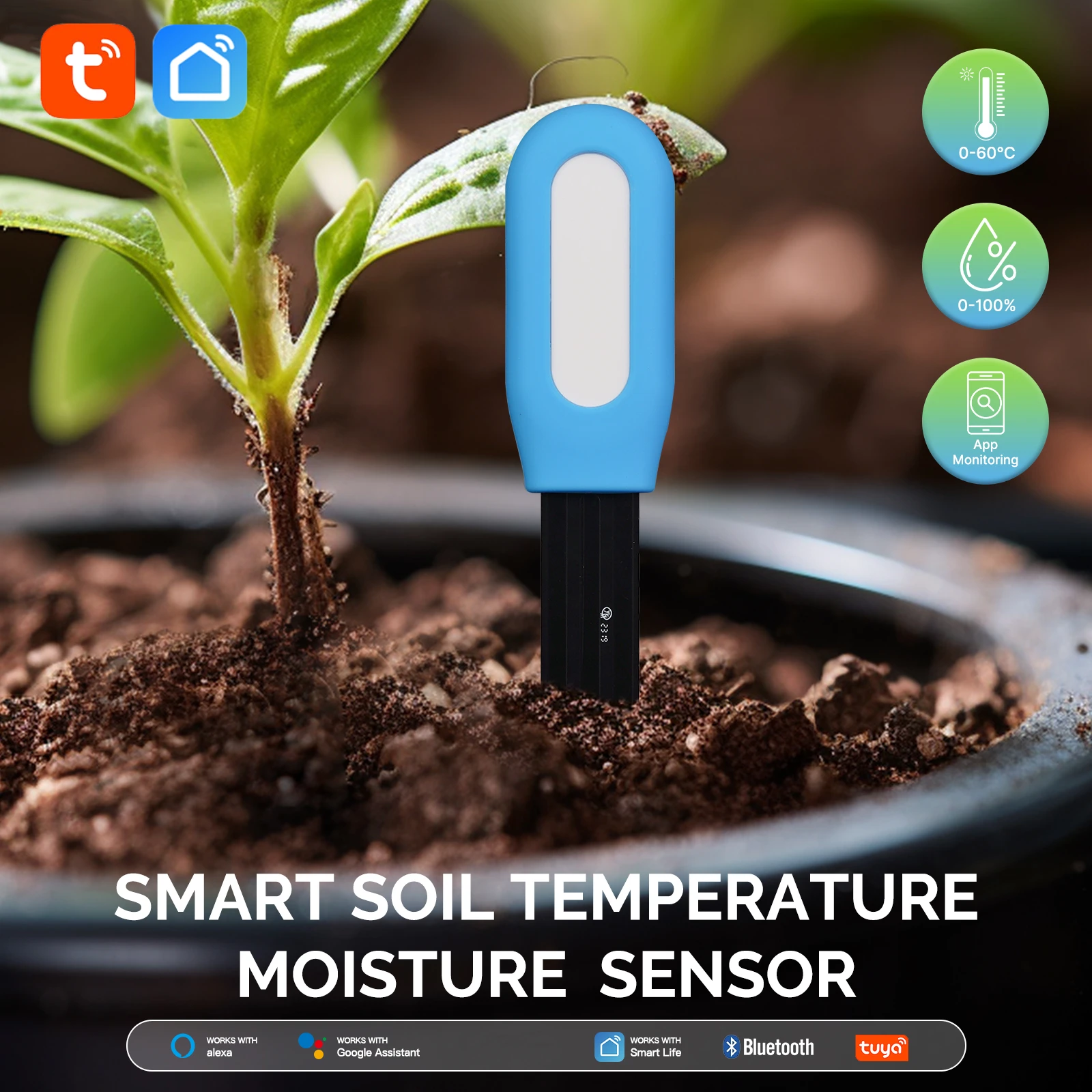 Tuya-medidor inteligente de humedad del suelo para jardín, Sensor de temperatura y humedad, higrómetro para plantas en maceta, Monitor de plantas, herramienta de prueba húmeda