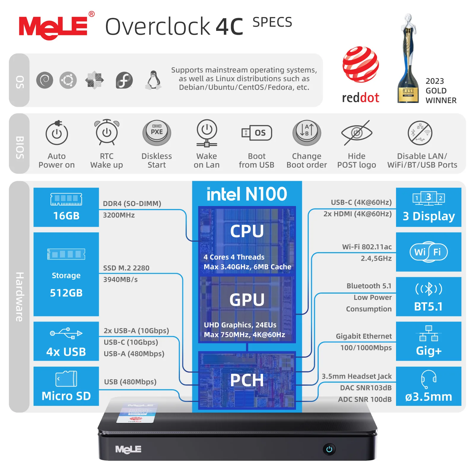MeLE Reddot Winner Mini PC N100,i3-N300,16GB 32GB RAM 512GB ROM Mini Ordenador de Sobremesa,USB-C en Oficina Educación Hogar Overclock4C - imagen 5