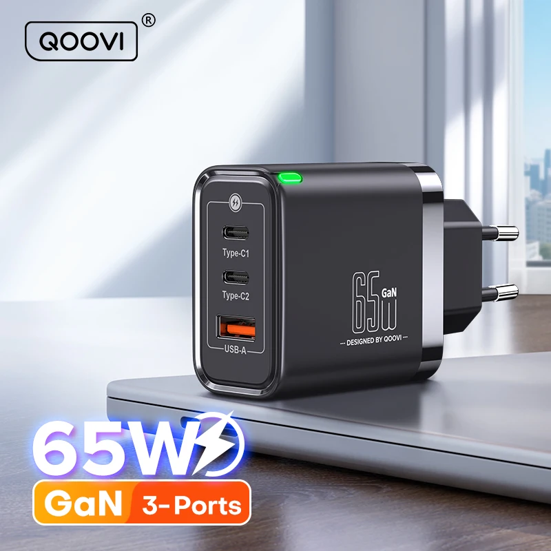 QOOVI Cargador USB-C 65W PD – Carga Rápida para Portátil y Móvil