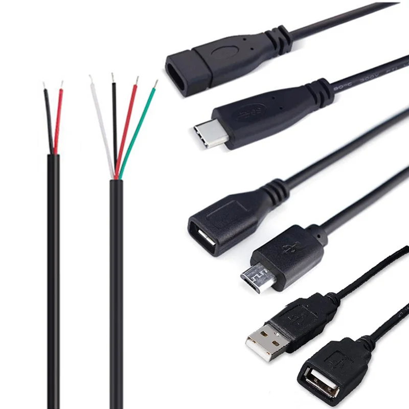 Macho a hembra 2 pines 4 pines línea Micro USB 2,0 tipo C cargador Cable conector fuente de alimentación Cable de extensión Q1