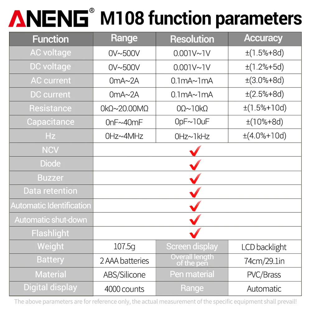 ANENG-Mini multímetro Digital M108, probador de voltaje de Corriente CA/CC sin contacto, medidor de capacitancia de resistencia, 4000 recuentos - imagen 5