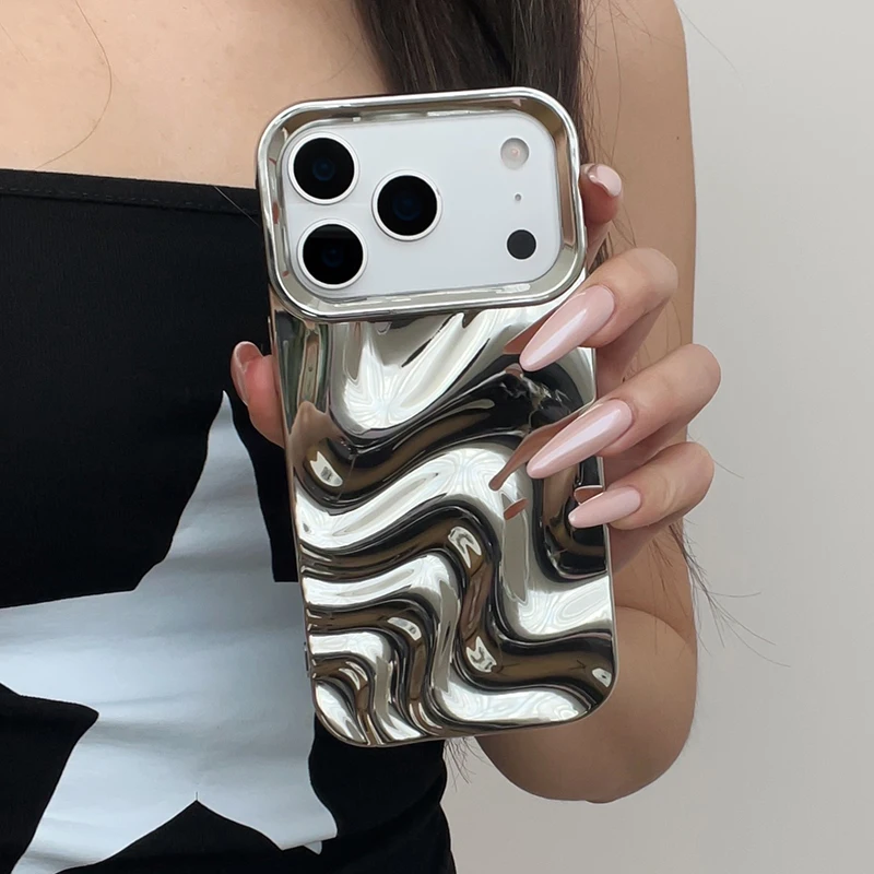 Popular Bling Silver 3D Fold Waves Lines funda para iPhone 17 Pro Max Air 16 15 13 14 11 12 funda trasera de TPU suave y brillante - imagen 3