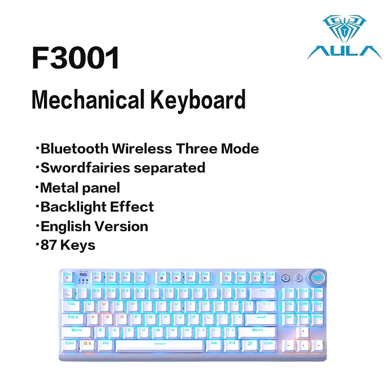 AULA F3001 Teclado mecánico Bluetooth inalámbrico tres modos Panel de Metal moldeado por inyección efecto de retroiluminación fresco 87 teclas
