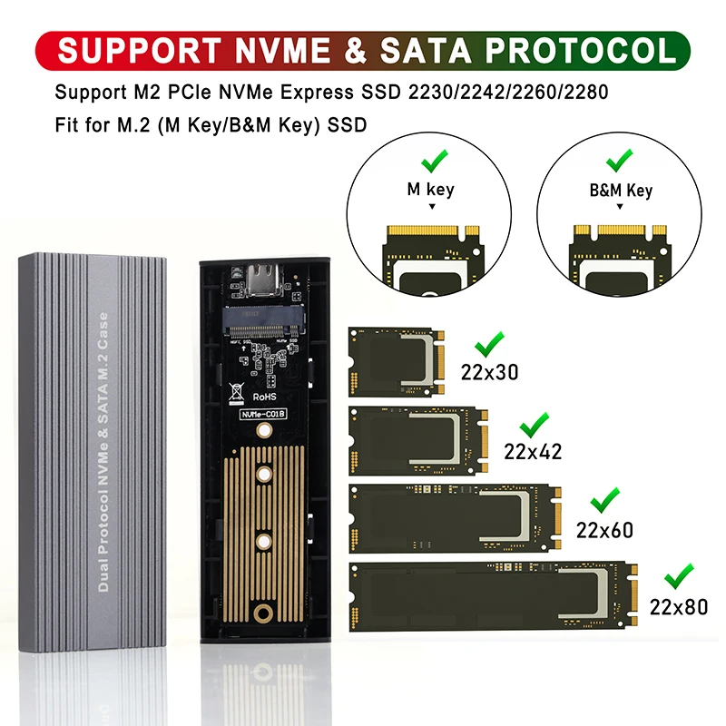Caja M.2 NVME SATA SSD, protocolo Dual, Chip JMS581D, 10Gbps, USB 3,2 GEN2 tipo C, caja externa M2 SSD, herramienta clave M/B + M gratis - imagen 3