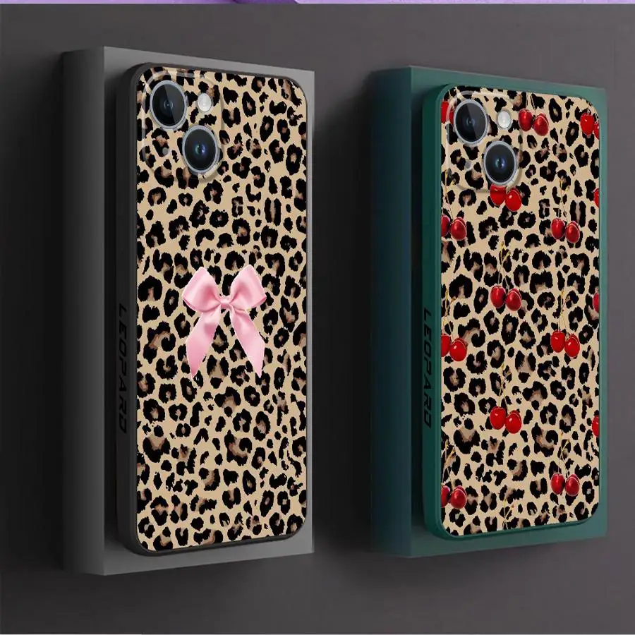 Funda de teléfono con lazo rosa, leopardo y cereza para iPhone SE 16 15 Plus 13 Pro 12 Mini 14ProMax XS Max 16e 11 8 7 XR, funda suave - imagen 2