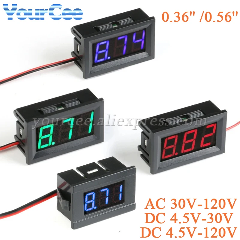 Mini voltímetro Digital LED de 0,36 pulgadas y 0,56 pulgadas DC4.5V a 30V 4,5-120V AC30-500V medidor de Panel de voltaje para Motor electromóvil de 6V 12V 24V