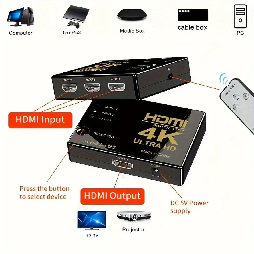 Conmutador HDMI 4K 5 en 1 salida, Selector de interruptores HDMI, Hub con mando a distancia IR, conmutador HDMI para PS4, Xbox, DVD, PC, HDTV - imagen 4