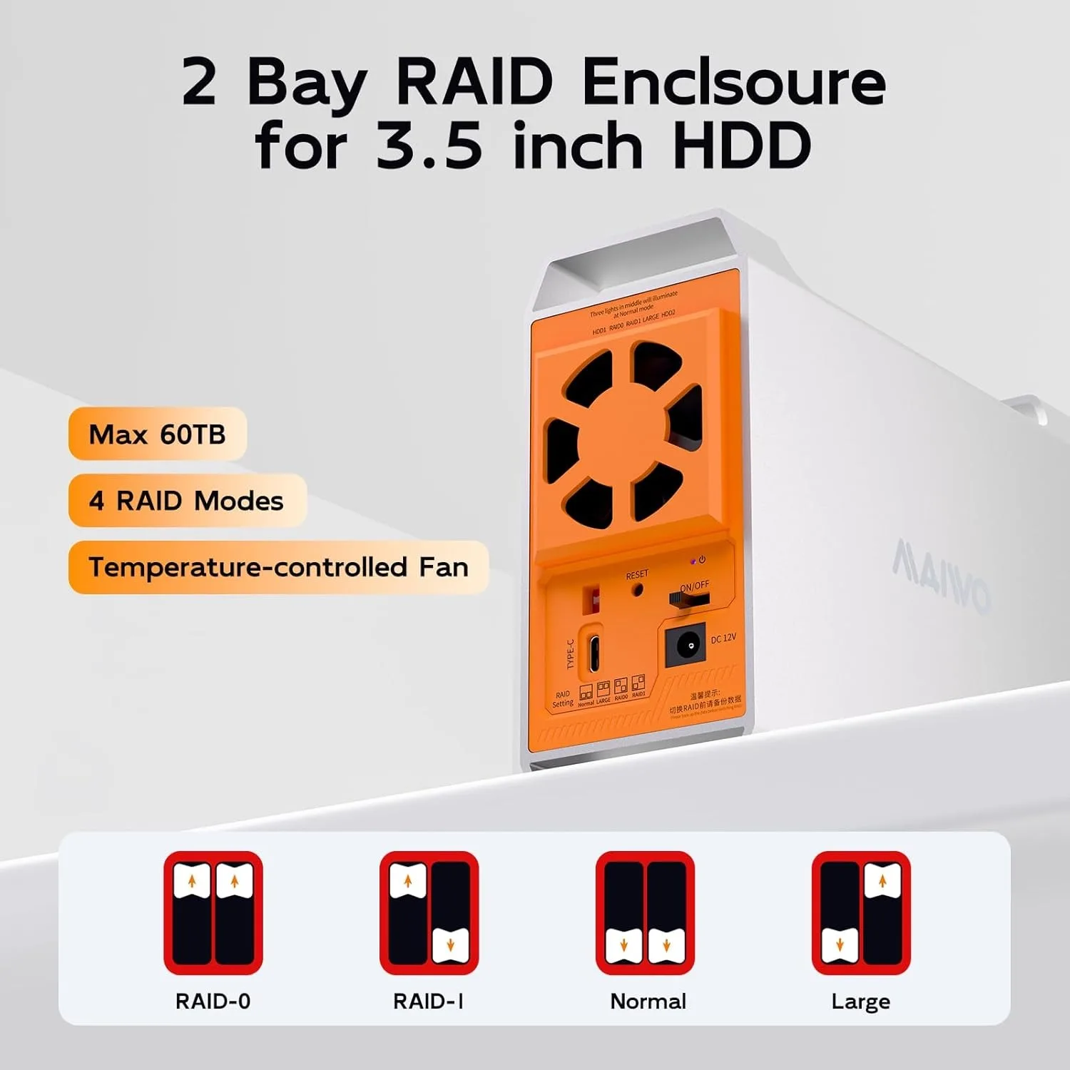 MAIWO Estación de acoplamiento HDD de 2 bahías SATA a USB tipo C carcasa de disco duro para caja de disco duro de 2,5/3,5 pulgadas con caja de 4 modos RAID - imagen 2