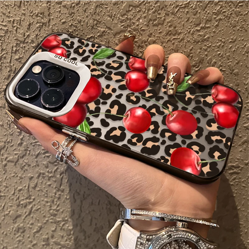 Funda mate cereza con estampado de leopardo rojo para iPhone 15 16 14 13 12 11 Pro Max XS X XR 8 7 Plus SE 2020 Funda de PC chapada a prueba de golpes - imagen 3