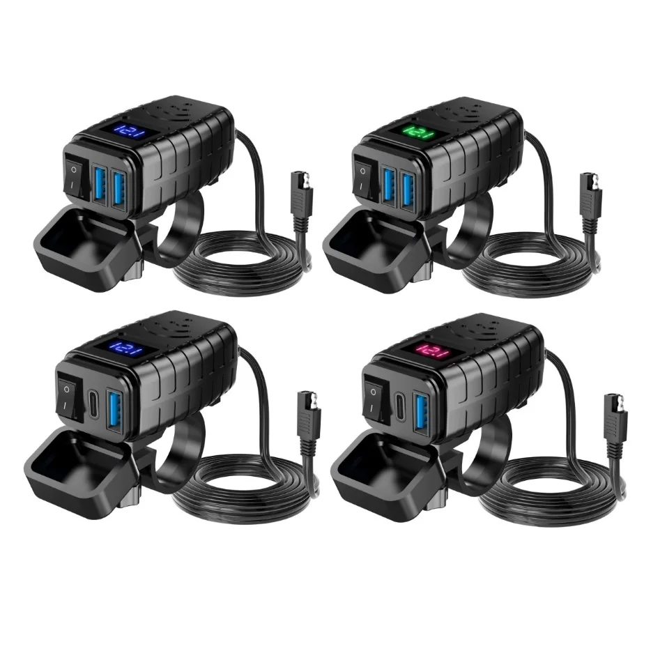 Soporte de tornillo de montaje, salidas USB tipo C de 12V-24V PD QC3.0, adaptador de corriente de pantalla de voltaje, enchufe de cargador rápido para motocicleta