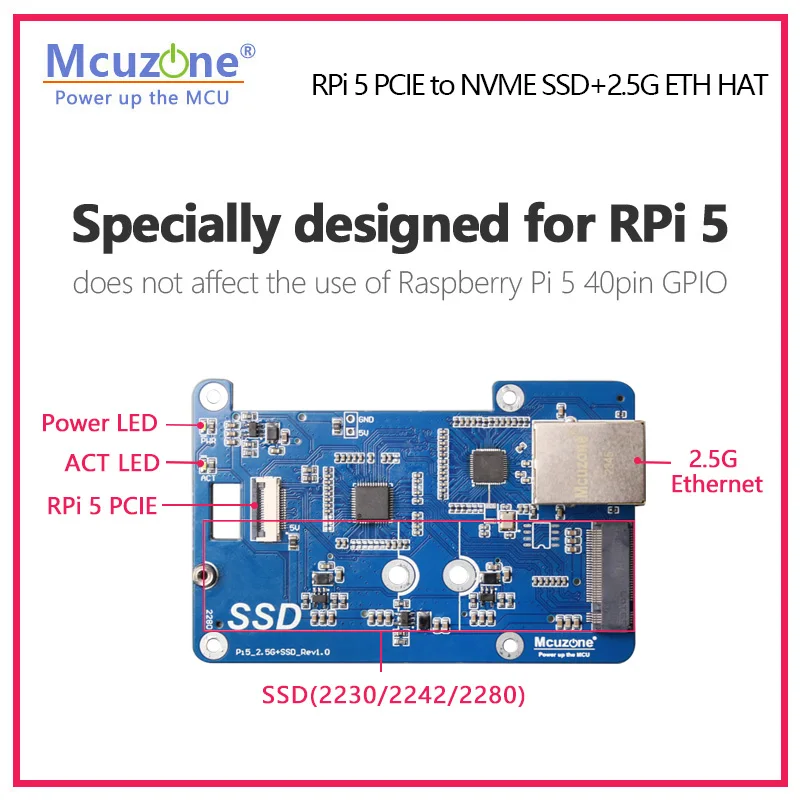 Modelo: MPS2.5G, Raspberry Pi 5 PCIE a NVME SSD+2.5G ETH HAT RTL8125, compatible con sistema operativo RPi, ubuntu, SSD de tamaño 2280,2242,2230