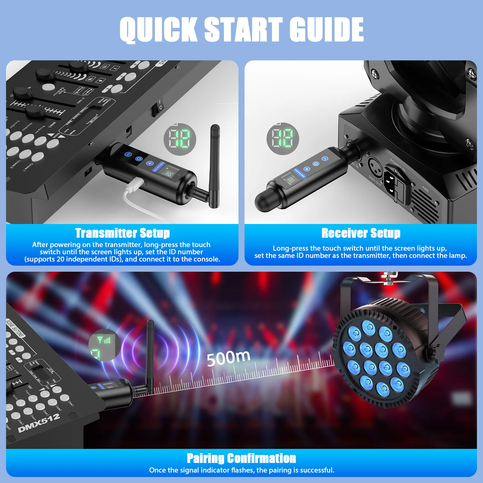 U'King 3 uds receptor de batería incorporado y transmisor de consola inalámbrico DMX512 y caja de embalaje Control de iluminación de escenario para fiesta KTV Bar - imagen 5