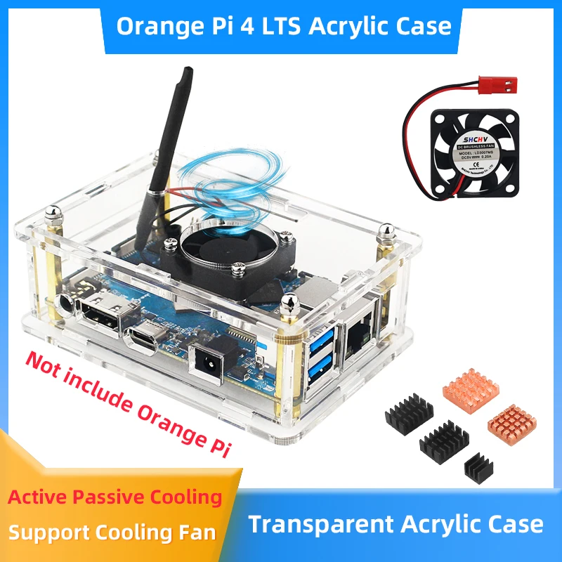 Orange Pi 4 LTS carcasa acrílica transparente, ventilador de refrigeración opcional, disipador térmico DC 4,0, fuente de alimentación, tarjeta MicroSD para OPI 4 LST