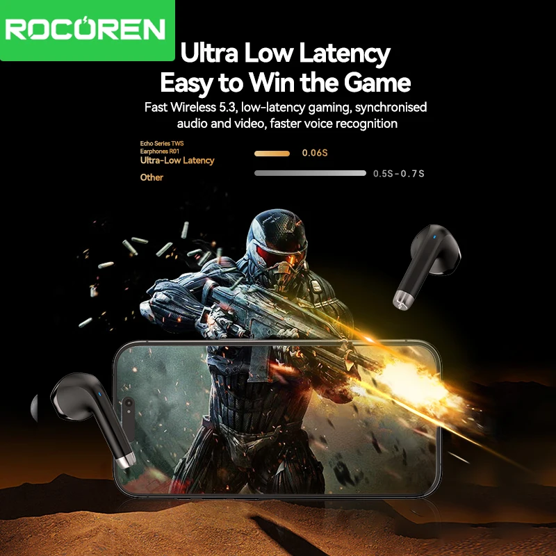 Rocoren Mini auricular inalámbrico Bluetooth R01 TWS Bluetooth 5,3 auriculares intrauditivos con Control táctil auriculares deportivos para juegos - imagen 5
