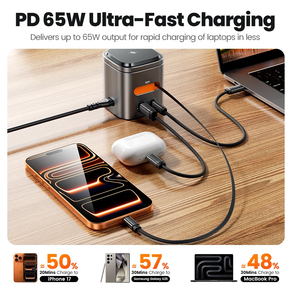 Toocki 80W 6-en-1 Estación de carga GaN tipo C PD 65W adaptador inalámbrico de cargador rápido retráctil para iPhone 16 17 iWatch AirPods - imagen 3