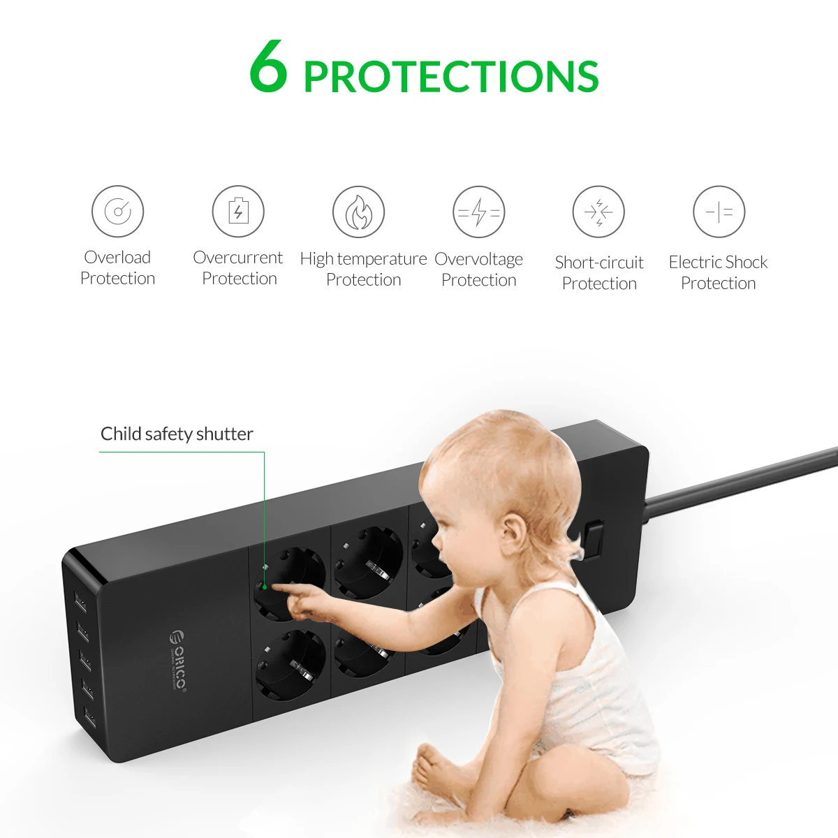 ORICO Regleta Enchufes de 8 Tomas con 5 USB Puertos (Super Charger) - Inteligente Tecnología IC con Múltiples Protección - Carga para Samsung iPad iPhone Tablets y Otros Dispositivos (Negro - imagen 5