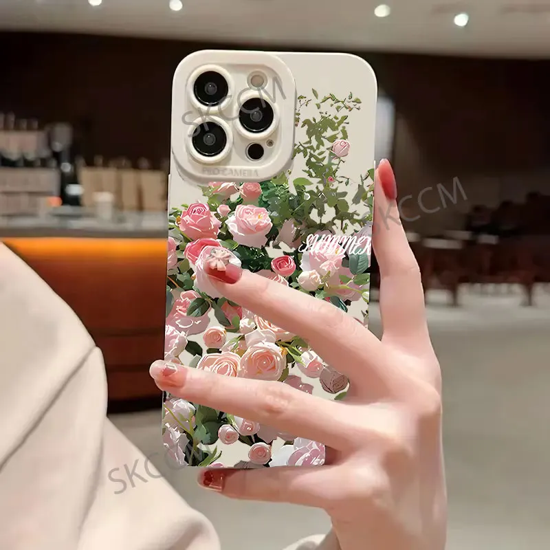 Funda de teléfono rosa con pintura al óleo para iPhone 15 16, funda de silicona suave para iPhone 13 11 12 16 14 Pro Max XR XS X 7 8 Plus SE2 - imagen 4