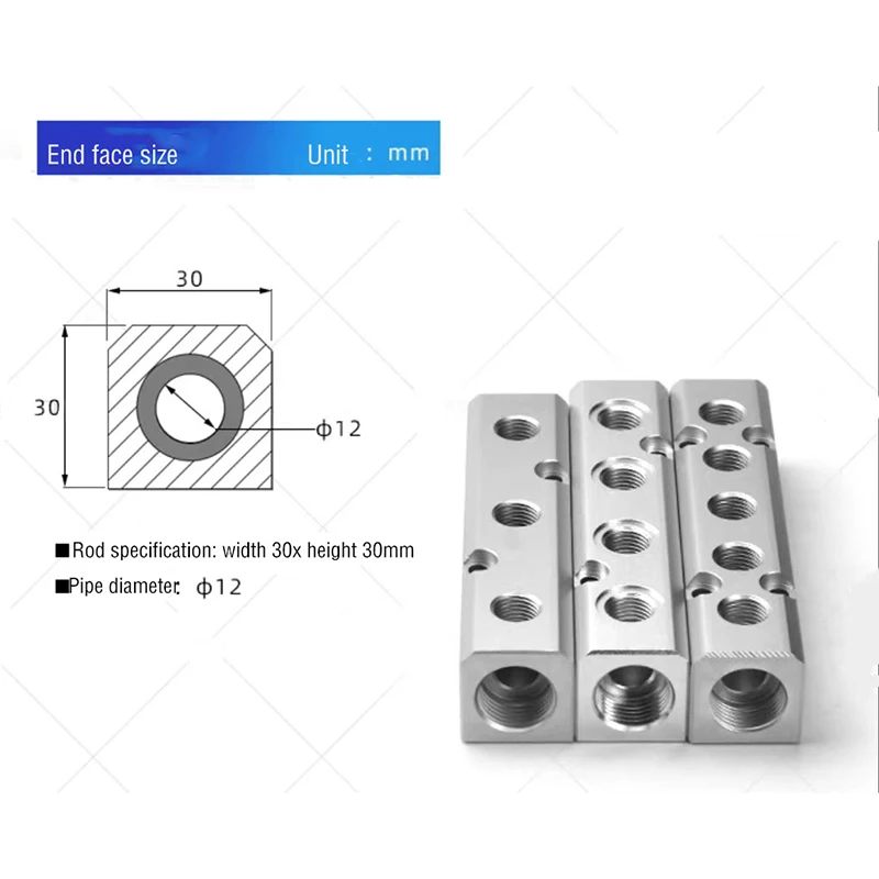 Distribuidor de colector de aire PT1/2 a PT1/4, desviador de drenaje, distribuidor de escape de aceite, fila de distribución de fuente de aire, 2-10 vías, 30x30mm - imagen 3