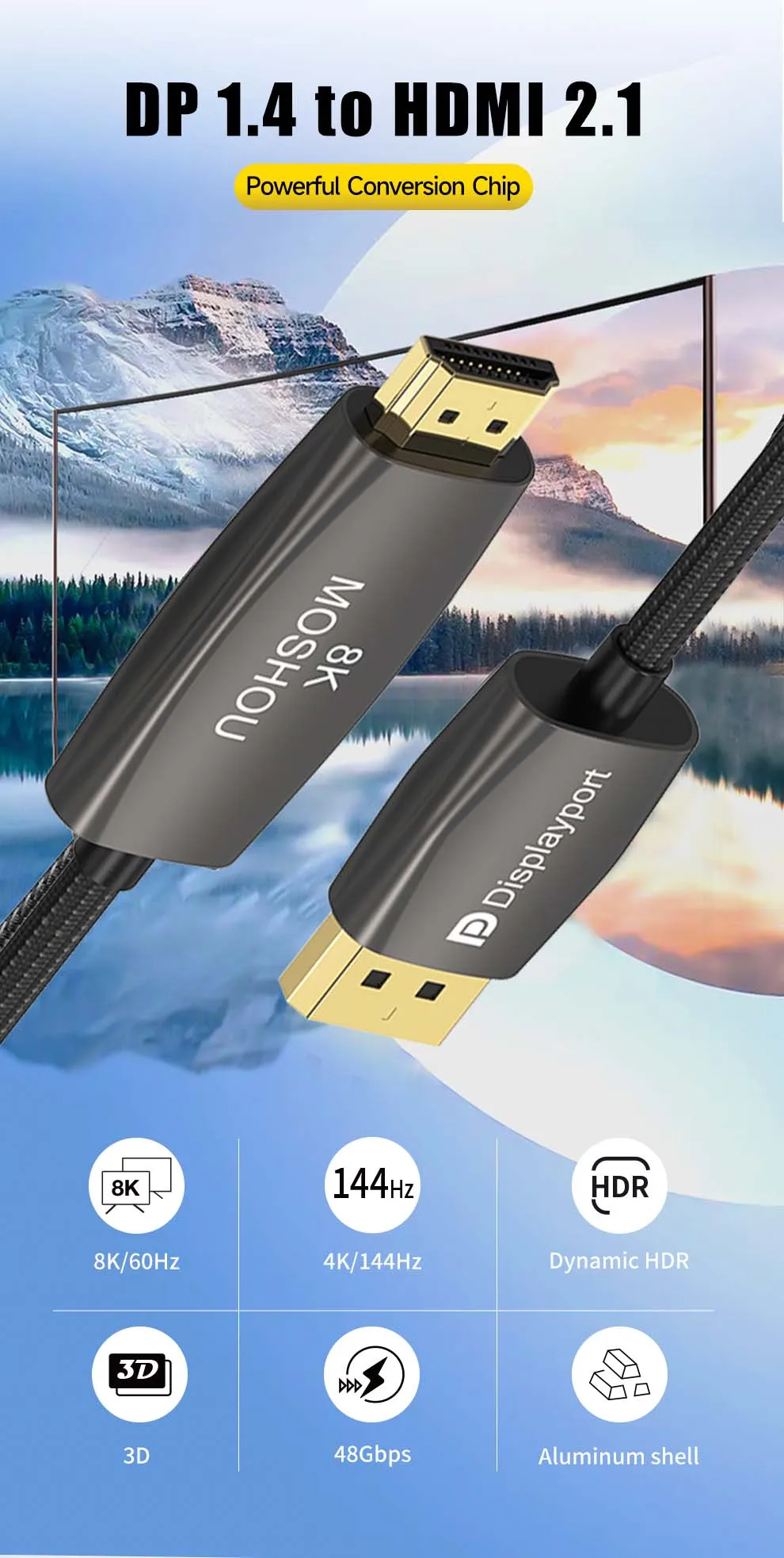 Una exhibición de un cable USB con una montaña en el fondo