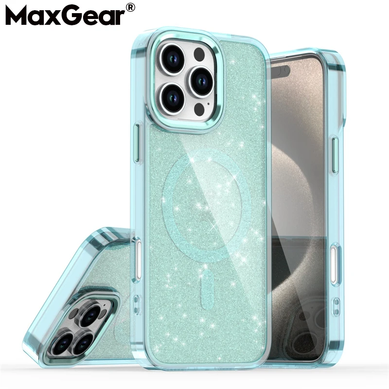 Funda magnética de carga inalámbrica con purpurina de lujo para fundas Magsafe para iPhone 16 15 14 Plus 13 12 Pro Max 11 XR a prueba de golpes