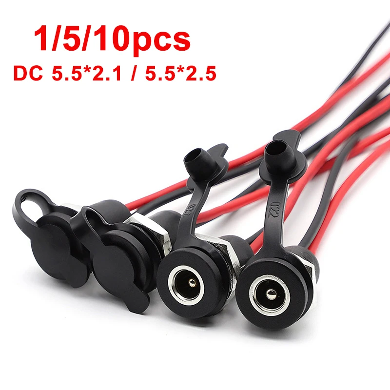 1/5/10 Uds DC 5,5X2,1mm 5,5X2,5mm batería DC enchufe hembra conector impermeable con 2 pines 18AWG Cable flexible DIY