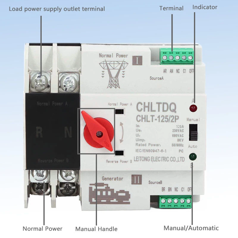 Interruptores selectores eléctricos de transferencia automática de doble potencia ininterrumpidos 2P 63A 100A 125A 110V 220V - imagen 4