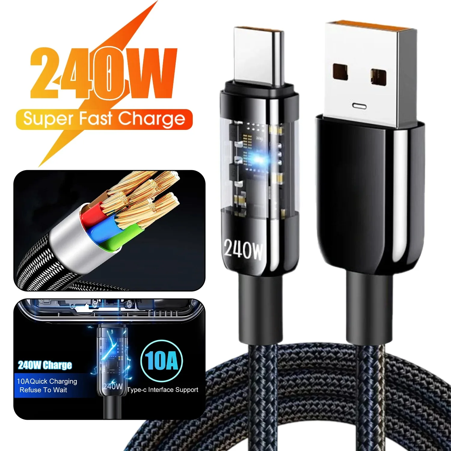 Cable de datos de carga rápida con pantalla LED de nailon QC3.0 USB-A a tipo C de 240W para Samsung Xiaomi Huawei OPPO Honor Cable cargador USB C