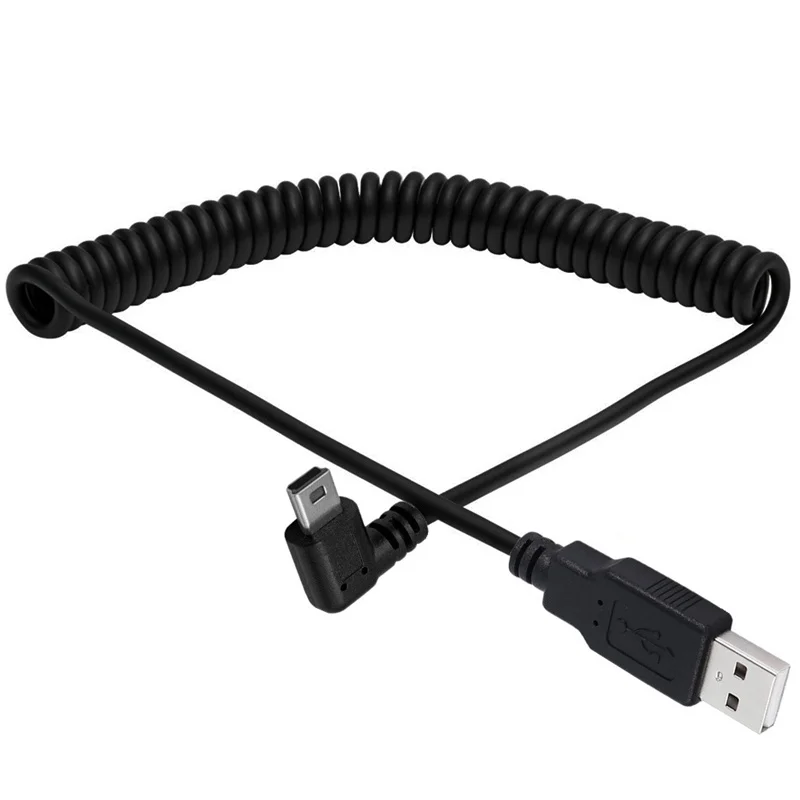 Muelle espiral en espiral USB 2,0 A macho a 90 grados en ángulo MINI 5 pines Cable de enchufe macho izquierdo y derecho