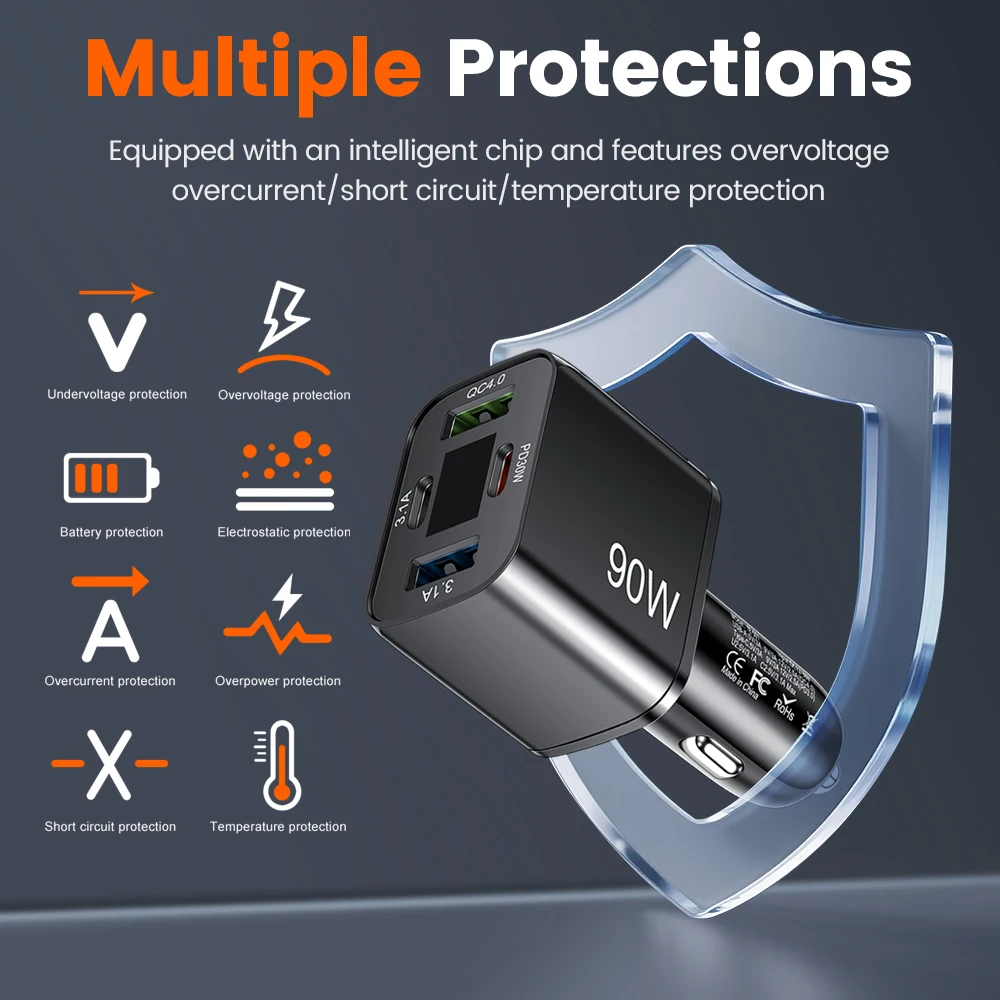 Cargador de teléfono para coche USB C de 4 puertos carga súper rápida en el coche con pantalla LED de voltaje para iPhone Samsung Huawei Oneplus teléfono Android - imagen 5