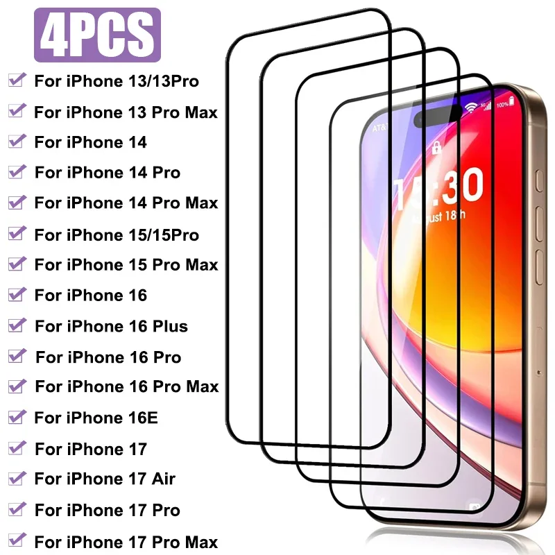 4 Uds cubierta completa de vidrio templado para iPhone 13 14 15 16 Pro Max Plus 16E película protectora de pantalla para iPhone 17 Pro Max 17 Air glass