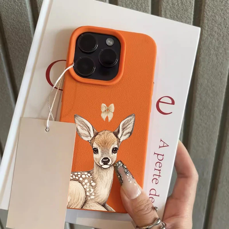Funda de teléfono con textura de lichi y diseño de lazo de ciervo para iPhone 11, 12, 13, 14, 15, 16, 17 Pro Max 17 Air 15 14 Plus X XS XR 16E, funda suave