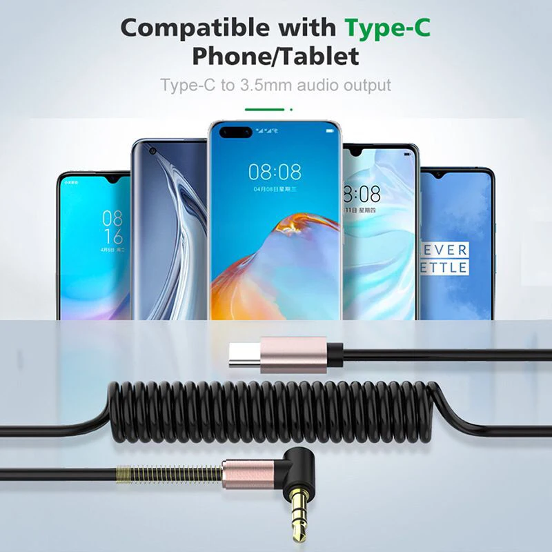 Cable de Audio tipo C/3,5 MM a 3,5 MM, adaptador de Cable auxiliar de resorte Flexible para coche para teléfono, tableta, conectar a altavoz y auriculares - imagen 5