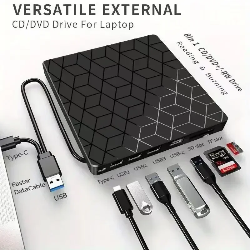 Unidad de CD/DVD externa 7 en 1 USB 3,0 tipo C, lector de grabadora, unidad óptica, reproductor de DVD, grabadora de CD para ordenador, portátil y de escritorio - imagen 4