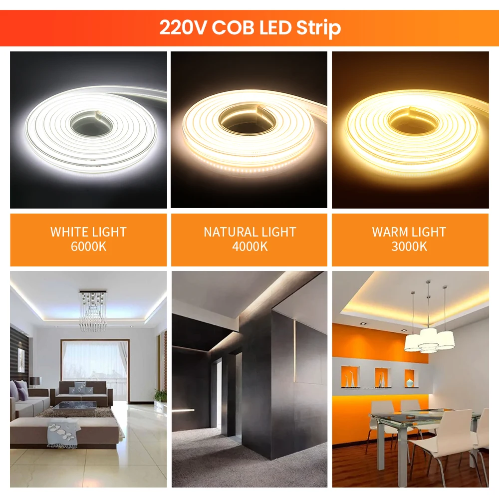 AC220V 100M COB luz LED súper brillante 360LEDs/m tira de LED barra de luz COB Flexible al aire libre IP65 tira de luz LED impermeable + enchufe - imagen 3
