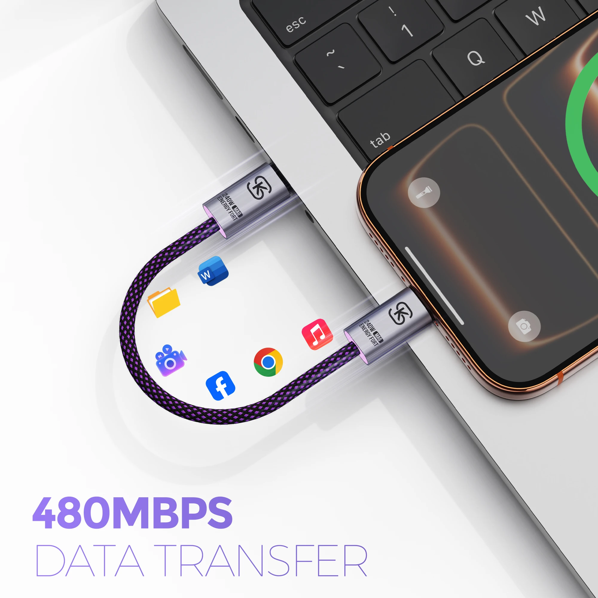 Cable USB C magnético Cable corto tipo C PD240W Cable de carga rápida 480Mbps Cable cargador de transferencia de datos organizador de cables para iPhone - imagen 3