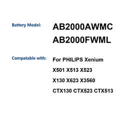 Batería de teléfono móvil AB2000AWMC AB2000FWML 2000Mah para Philips Xenium X501 X513 X523 X130 X623 X3560 CTX130 CTX523 CTX513