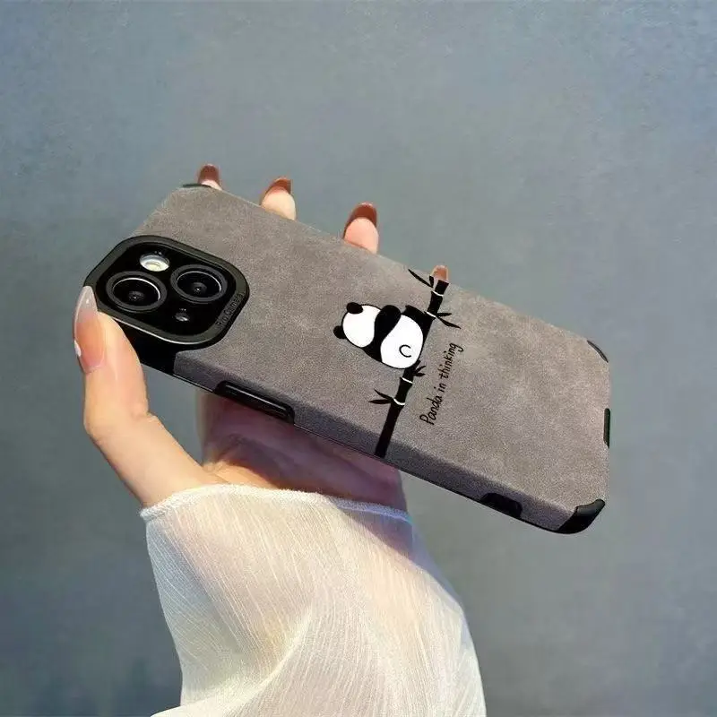 Funda de teléfono bonita de Panda de cuero de silicona gris para iPhone 13 14 Pro Max 16 15 Plus 11 12 Mini 17 ProMax Air cubierta completa mate suave - imagen 4