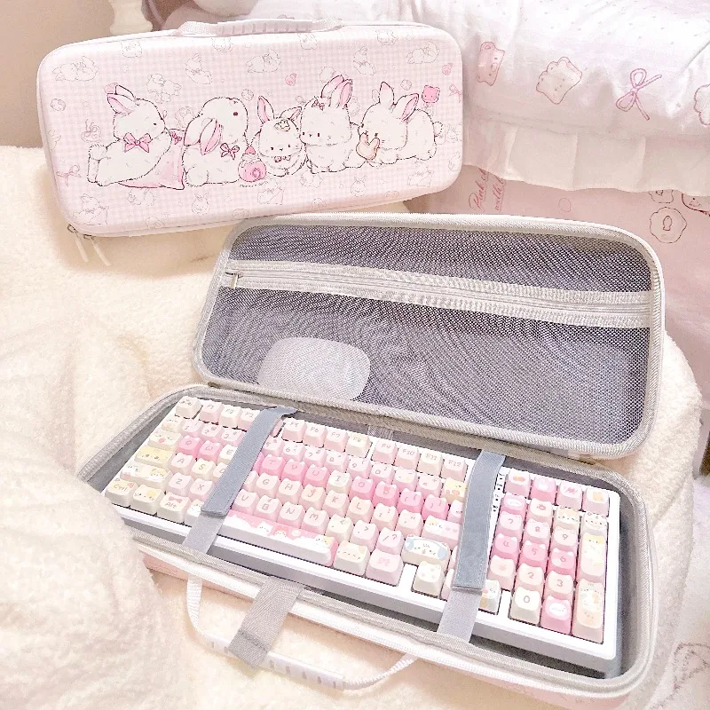 Bolsa para teclado de gato y conejo rosa, bolsa de almacenamiento para teclado a prueba de polvo de PU EVA personalizada para juegos, accesorios para teclado mecánico de oficina