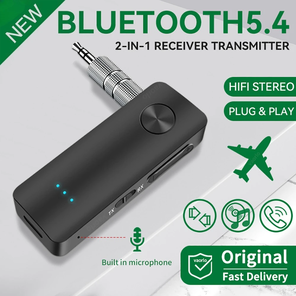 Transmisor receptor de Audio Bluetooth 5,4 2 en 1, adaptador inalámbrico estéreo HiFi, AUX de 3,5 MM con micrófono para avión, coche, TV, PC, altavoz