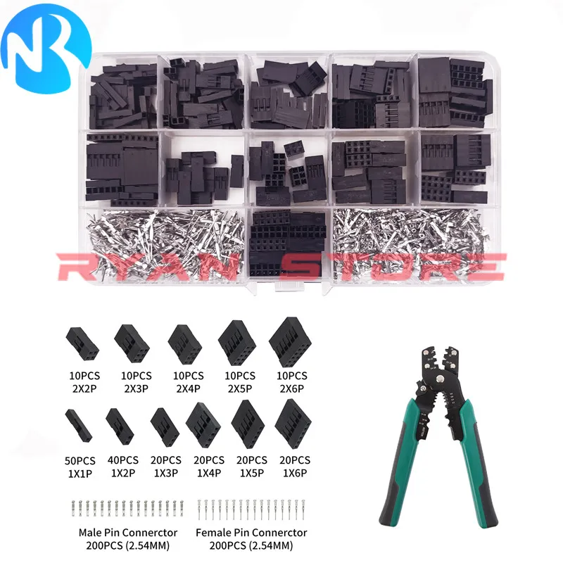 Kit de carcasa de conector de cabezal de puente de Cable Dupont, pines de engarzado macho + alicates de Terminal de conector de Pin hembra, paso de 2,54 MM, 620 Uds.