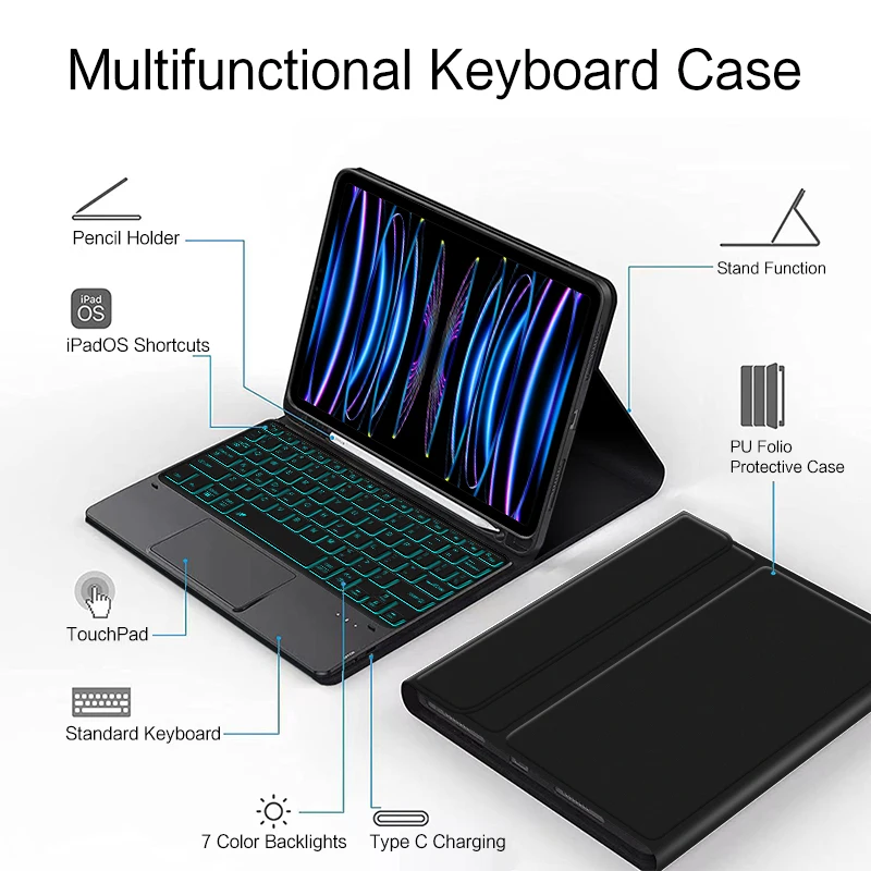 AJIUYU-funda con teclado para iPad, cubierta inteligente retroiluminada para iPad de 9,7 pulgadas, 2018, 2017, 5th, 6th, Air, 3rd, 4th, 10th, 10,2, 10,5 Pro, 11 Magic - imagen 2