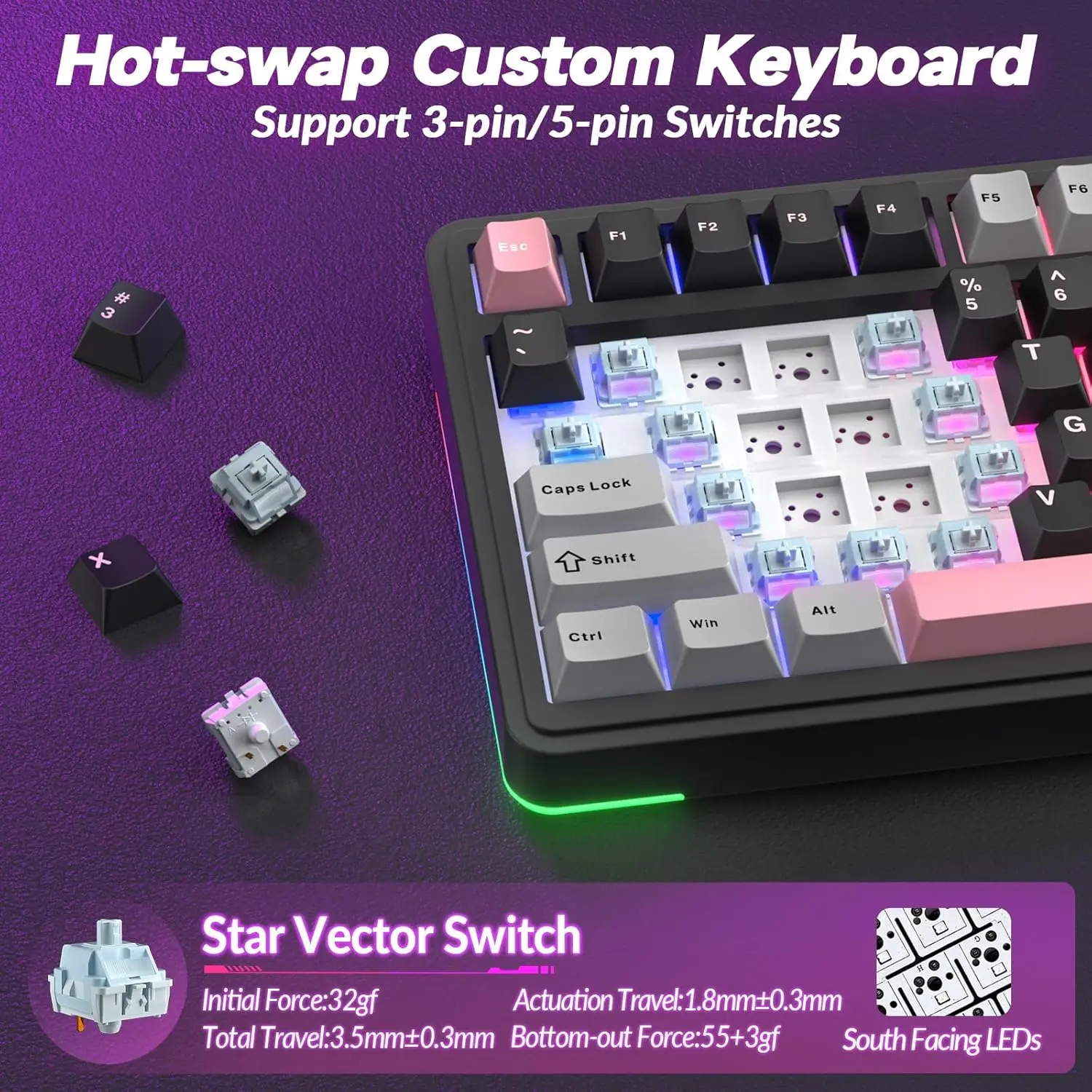 Teclado mecánico para juegos AULA S75 Pro, 75% intercambiable en caliente, retroiluminado RGB, teclas PBT de 4000mAh, teclado inalámbrico con perilla de pantalla LED - imagen 5