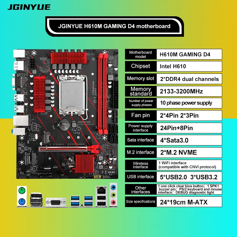 Placa base JGINYUE H610 LGA1700 compatible con Intel Core i3/i5/i7/i9 12th 13th procesador memoria RAM DDR4 de doble canal H610M-GAMING D4