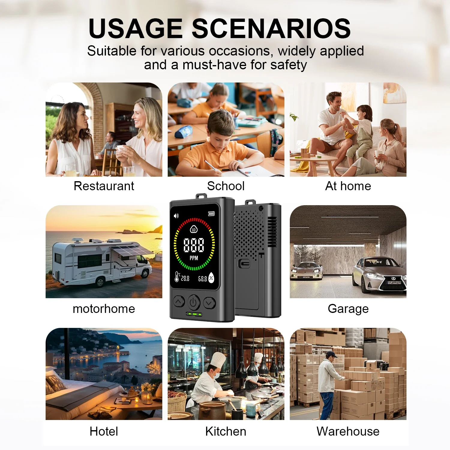 Detector Digital de monóxido de carbono 3 en 1, alarma de CO con Sensor de temperatura y humedad, pantalla LCD, Monitor de calidad del aire recargable - imagen 5