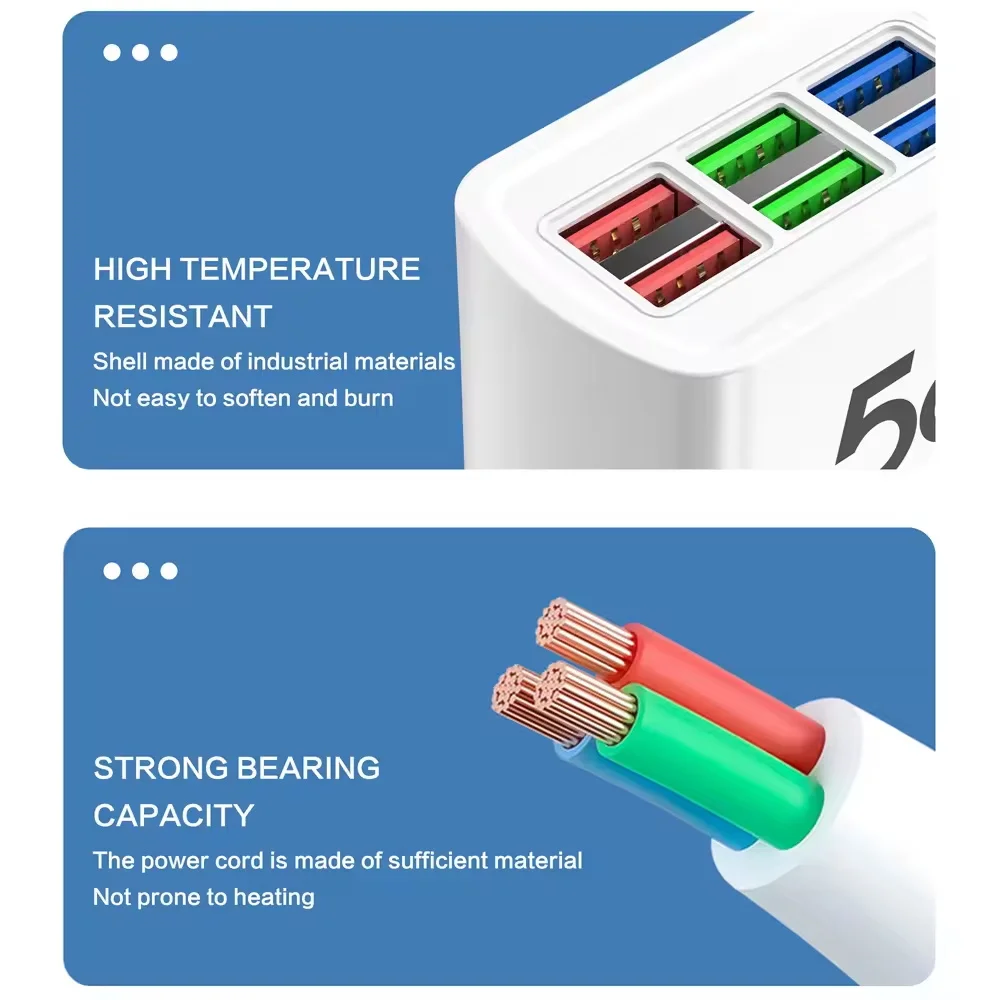 Cargador USB rápido 6 en 1, regleta de alimentación, estación de carga de escritorio, cable de 1m, adaptador de concentrador USB de carga rápida para iPhone, Xiaomi y hogar - imagen 3