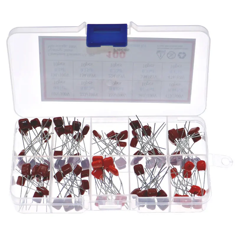 Condensadores de película de poliéster metalizado, kit de mezcla de condensadores de 100V CBB de 10 valores, 10NF 22NF 33NF 39NF 47NF 100NF 150NF 220NF 330NF 470NF, 100 Uds