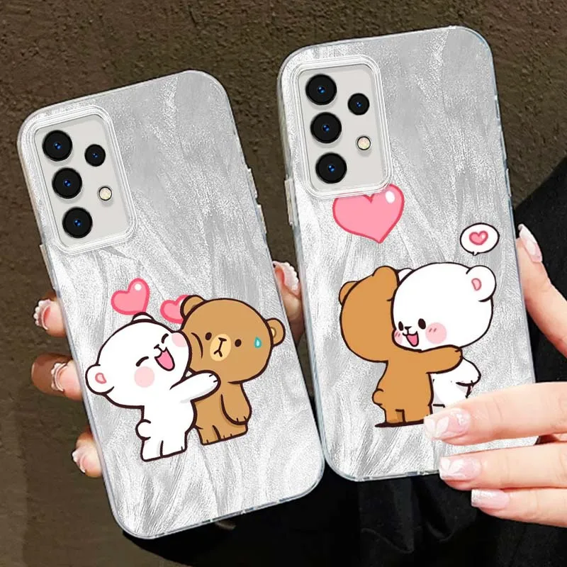 Funda bonita de dibujos animados de pareja de oso para Samsung Galaxy A56 A73 A72 A71 A55 A54 A53 A52 A35 A34 A33 A31 funda de teléfono con textura de plumas