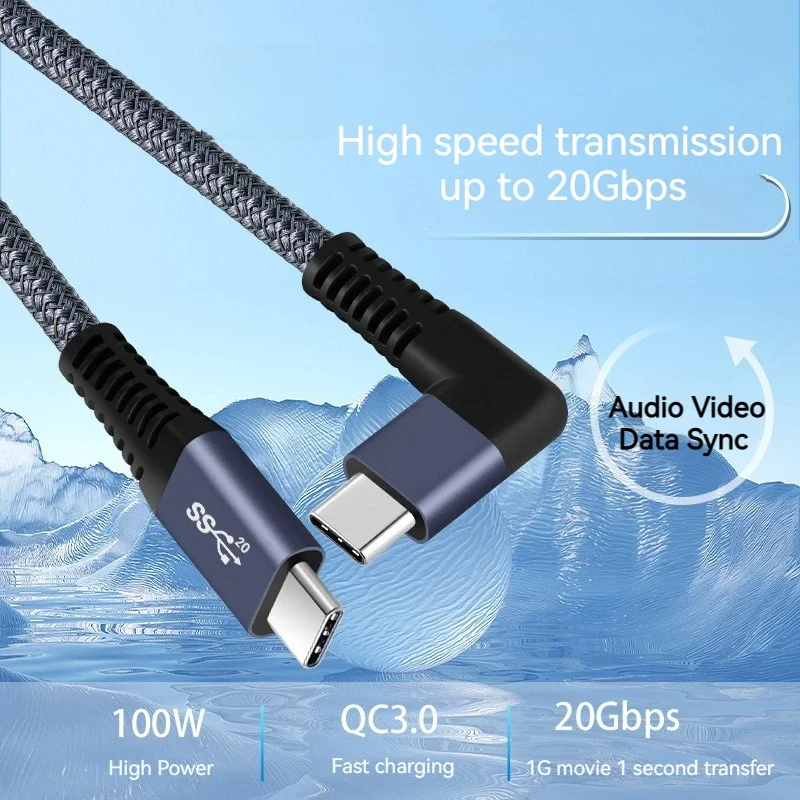 Cable de datos USB 3,2 10/20Gb tipo C de ángulo recto de 90 grados 4K @ 60Hz 5A 100W QC PD Cable trenzado de nailon de carga para PC teléfono móvil - imagen 3